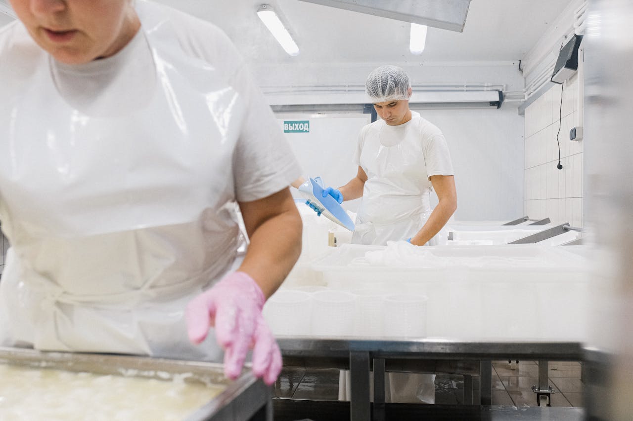 services-06 Cheese factory workers in protective gear process dairy products indoors.
